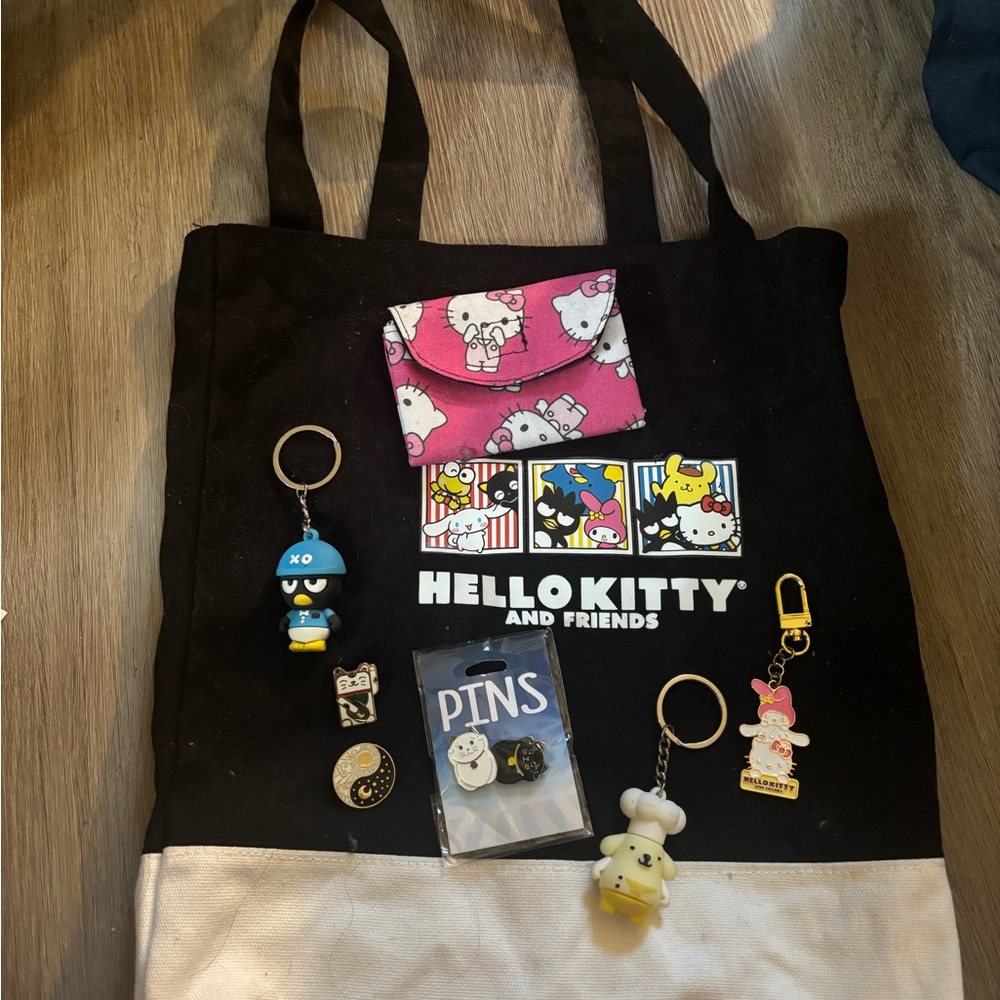 Hello Kitty and Friends Tote Bag with Key Chains, Pins, and bag charms!